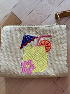 Talbots Embroidered Mai Tai Cocktail Natural Woven Straw Clutch Wristlet